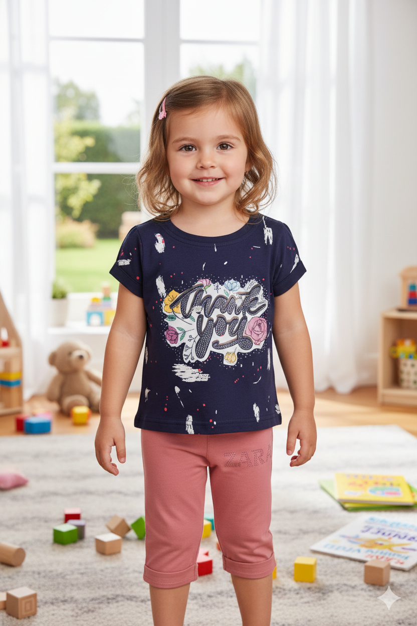 Silakaari Aadila Kids Navy Blue Rose Stylish Top For Girls With Pink Zara Capri