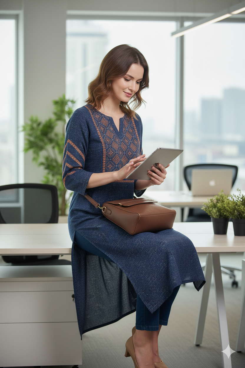 Silakaari Rahma Navy blue Embroidered Extra Long Rayon kurti