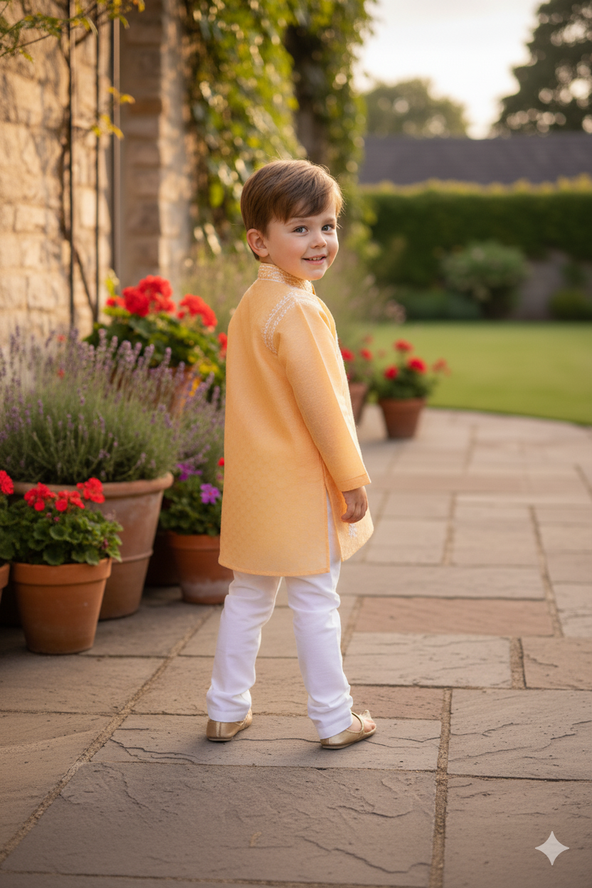 Silakaari Aarav Beige-White Pure Lucknowi Chikankari Kurta Pyjama Set For Boys