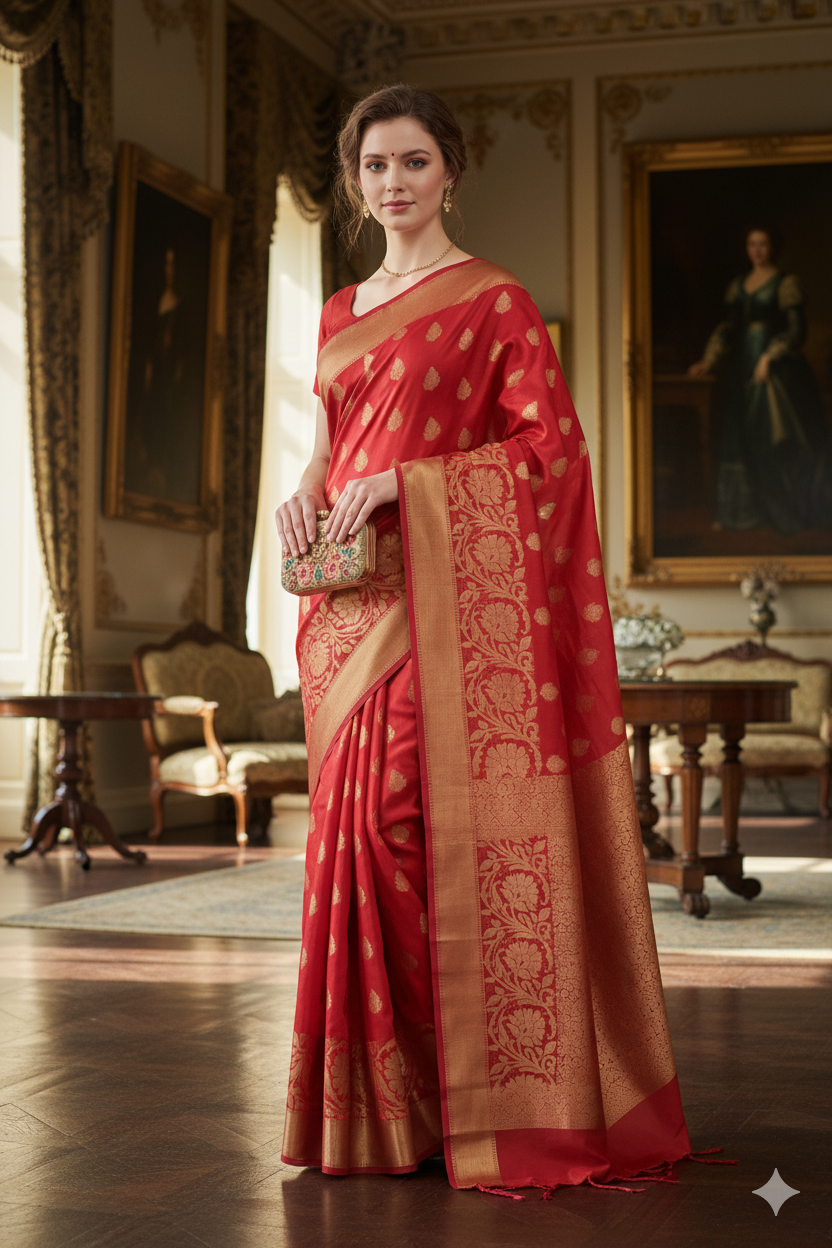 Silakaari Women's Red Golden Heavy Border Banarasi Silk Saree