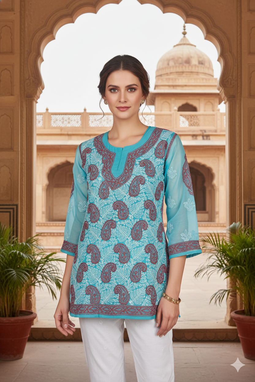 Silakaari Pure Georgette All Over Floral Soft Premium Lucknowi Short Kurti Slip With Pant Set