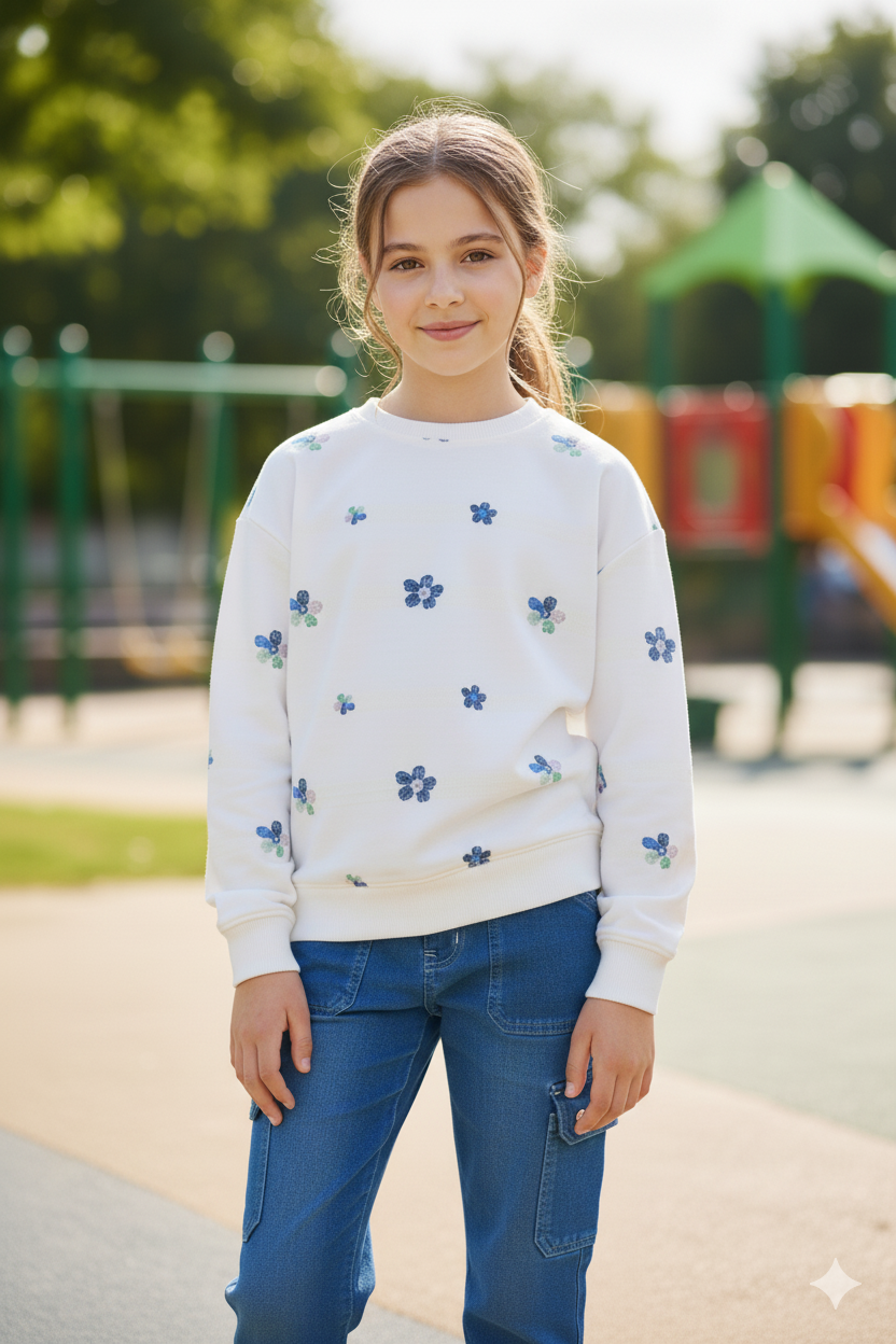 Silakaari Minha White Floral T-Shirt With Denim Baggy Side Pockets Jeans Set for Girls