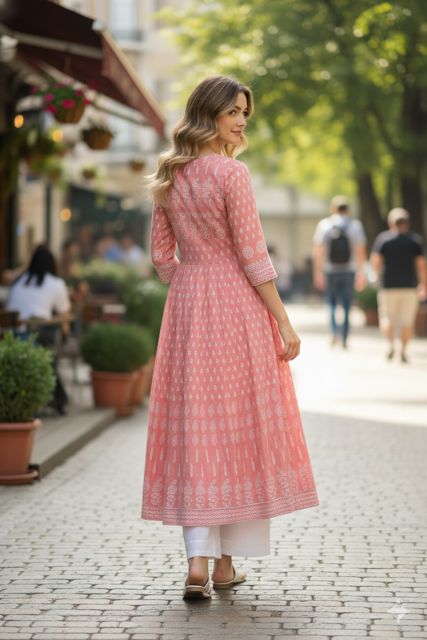 Silakaari Naima Peach Printed Floor Length Anarkali With Gotta Lining