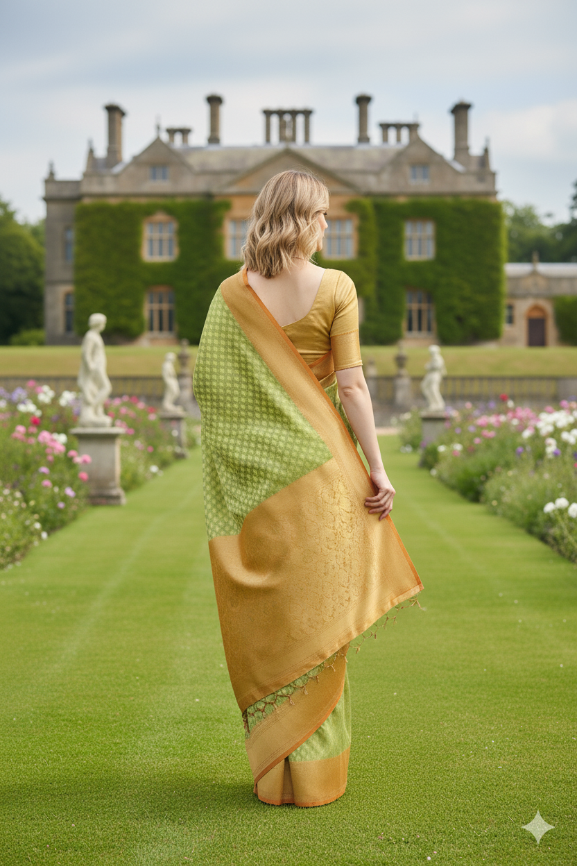 Silakaari Women's Green-Yellow Zari Banarasi saree