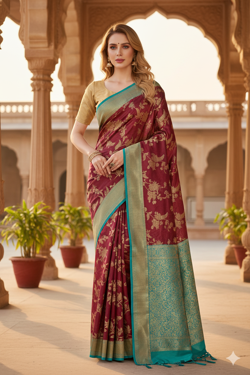 Silakaari Mahogany Maroon Zari Banarasi Festive Saree