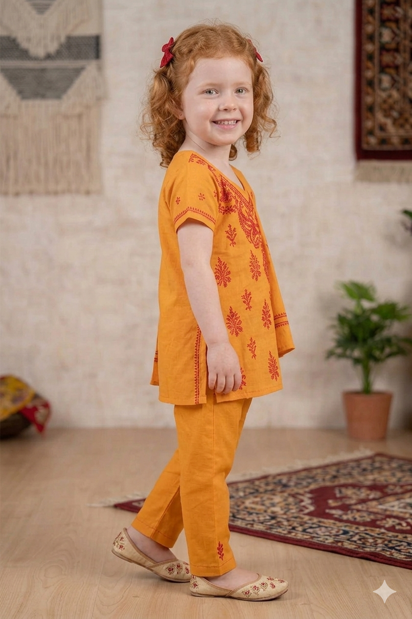 Silakaari Maha Peach-Red Pure Cotton Lucknowi ChikanKari Kurti Pant With Dupatta Set For Girls