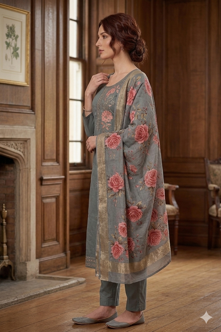 Silakaari Women's Heavy Hand Work Dola Silk Set With Fancy Banarasi Dupatta