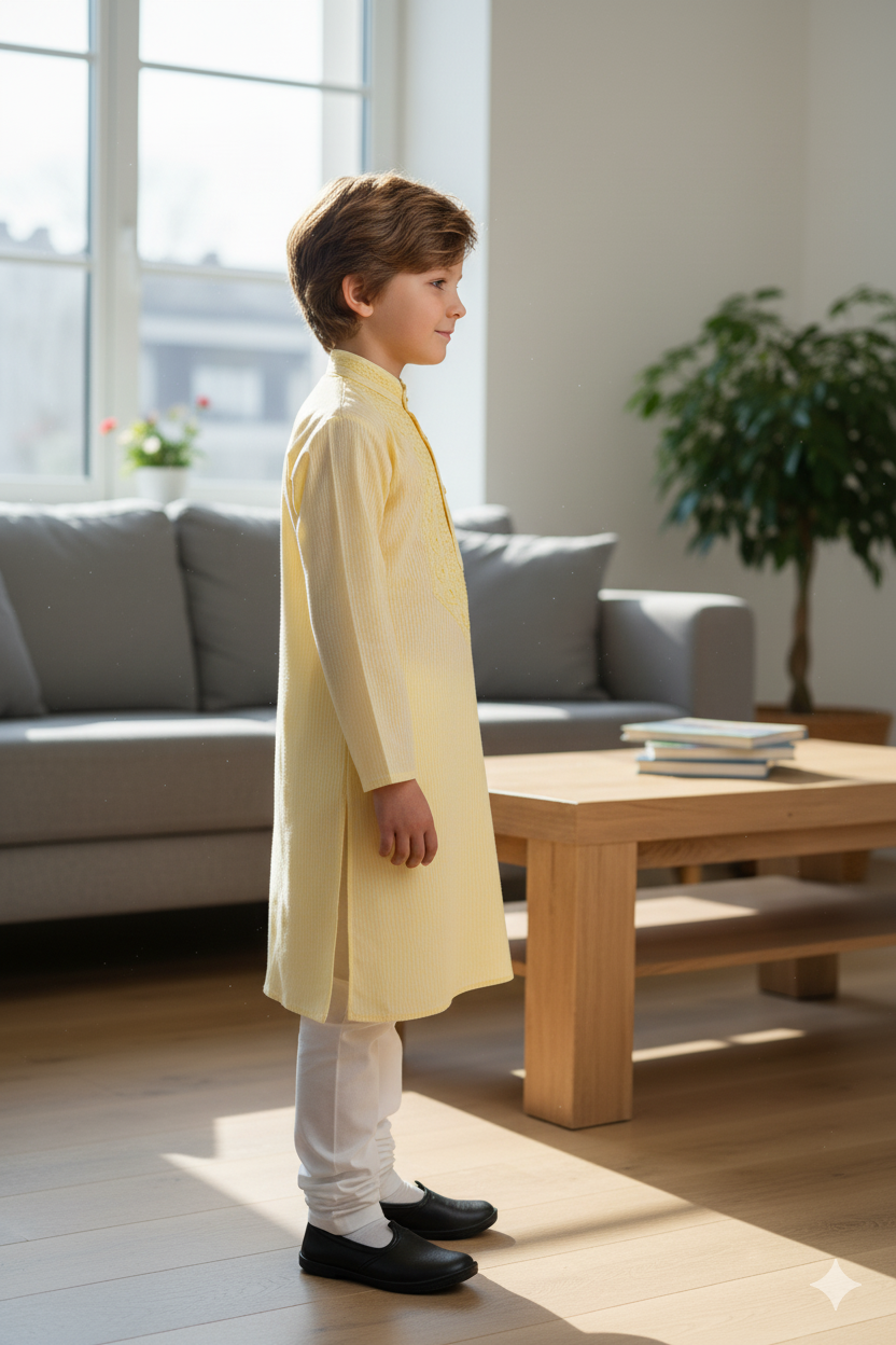 Silakaari Adwik Beige-White Pure Lucknowi Chikankari Kurta Pyjama Set For Boys