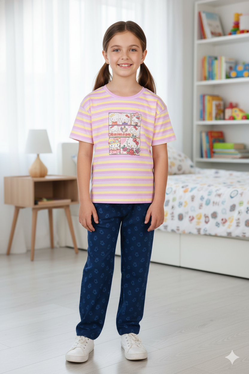 Silakaari Alvira Pink Kitty T-Shirt With Blue bear printed Denim Jeans Set For Girls