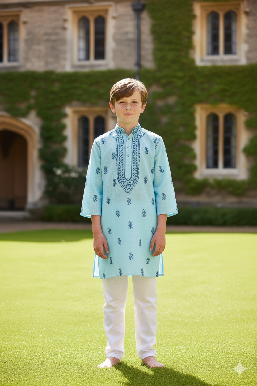 Silakaari Anas Turquoise Pure Lucknowi Chikankari Kurta Pyjama Set For Boys