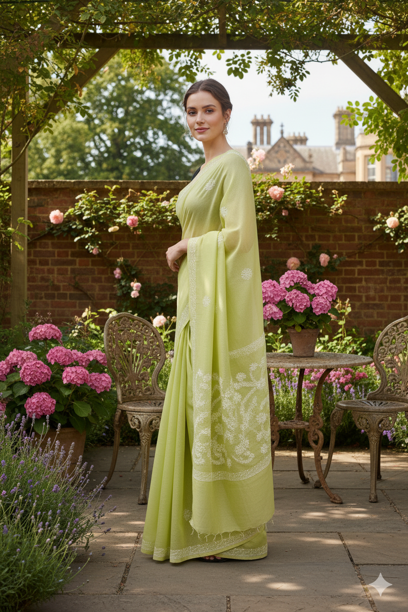 Silakaari Haryali Green-White Pure Cotton Fine Embroidery Lucknowi Saree