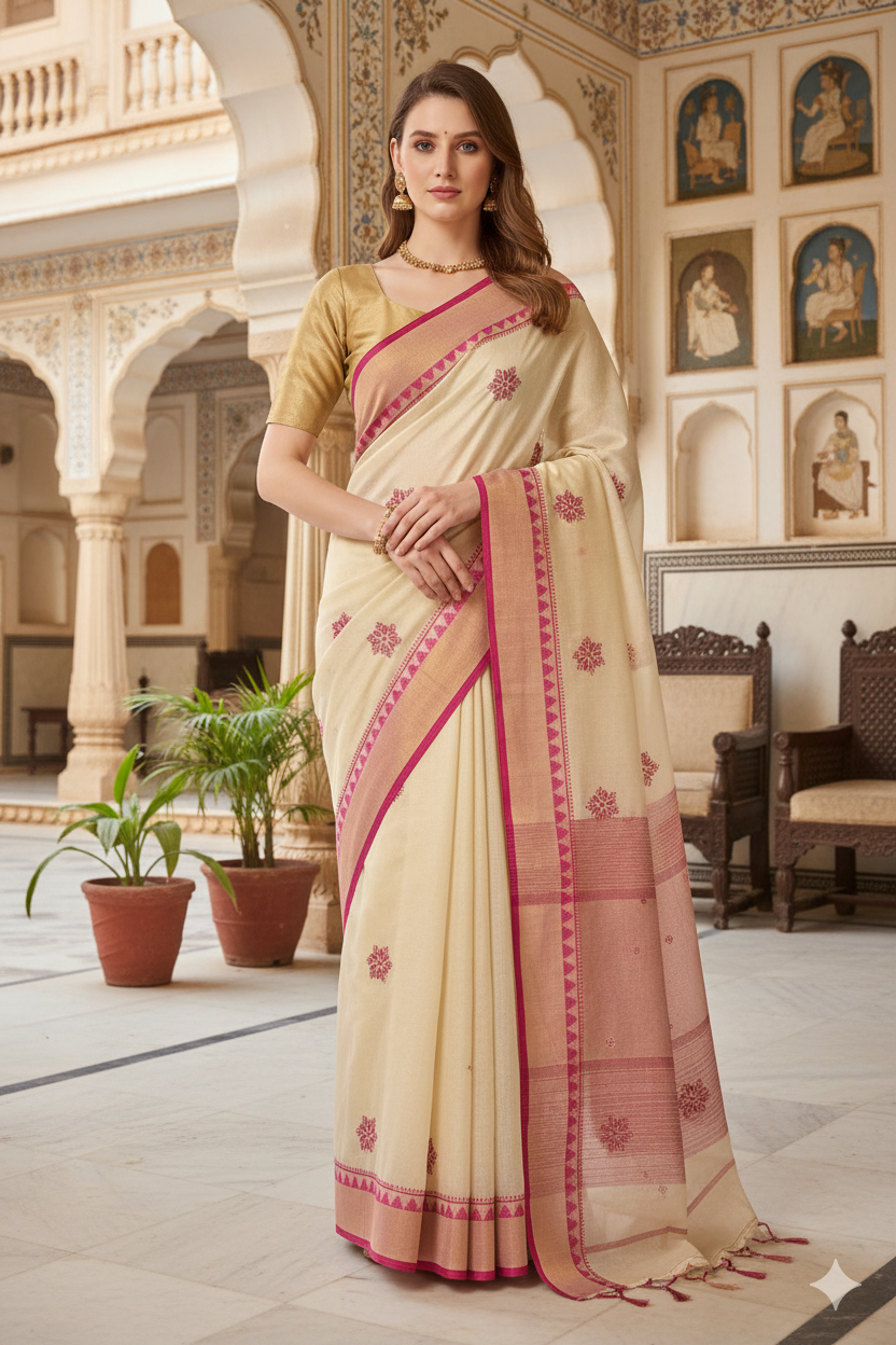 Silakaari Naaz Cream-Magenta Pure Chanderi HandWork Lucknowi Premium Party Wear Saree