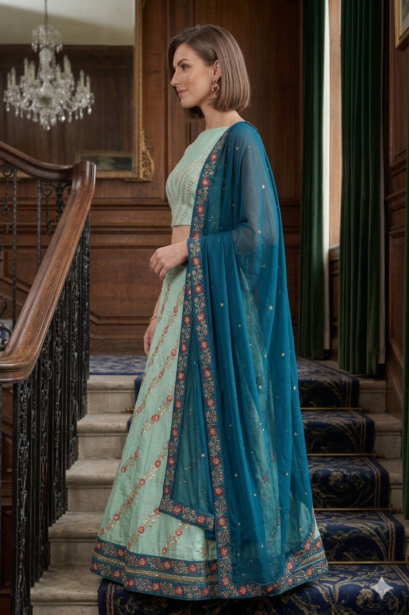 Silakaari Mehdood Teal Green Heavy Embroidery Sequin Border Silk Unstitched Lehenga Set