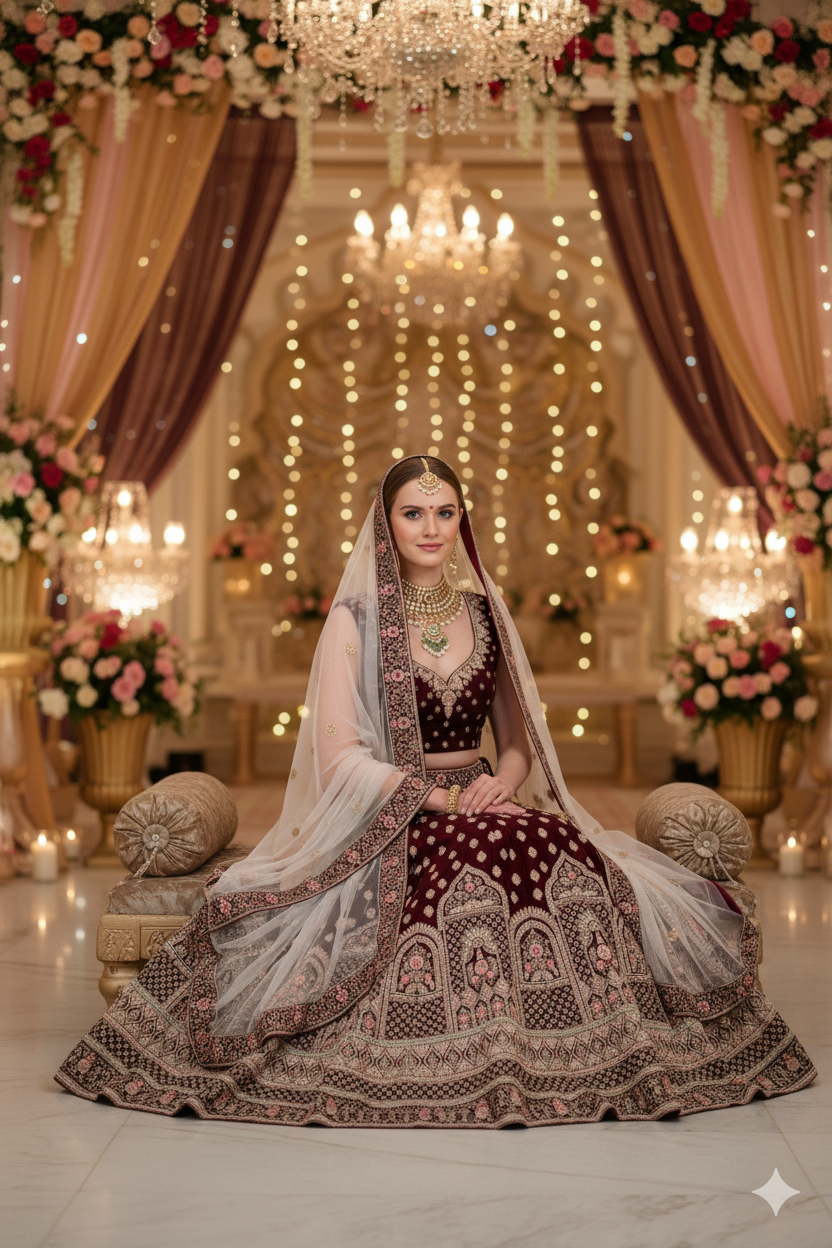 Silakaari Wine Velvet Bridal Lehenga Sharara Set with Zari, Zarkan & Cutdana Work