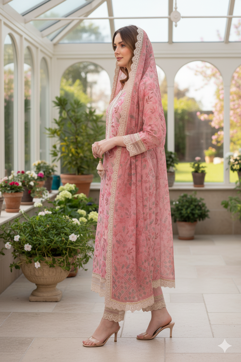 Silakaari Women's Pink Mirror Floral Lacy Front Designer Ready-made Dress