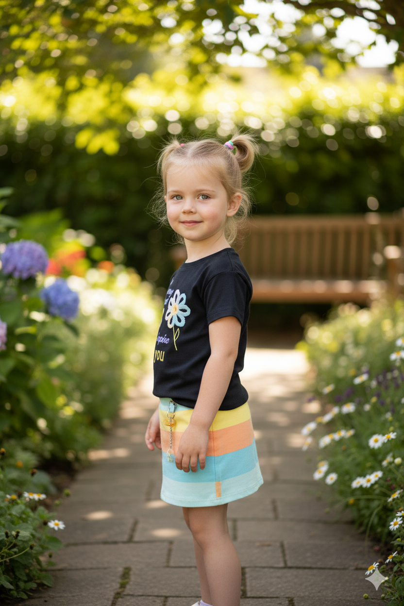 Silakaari Be Happy Black Floral T-Shirt With Multi Color Skirt Set For Girls