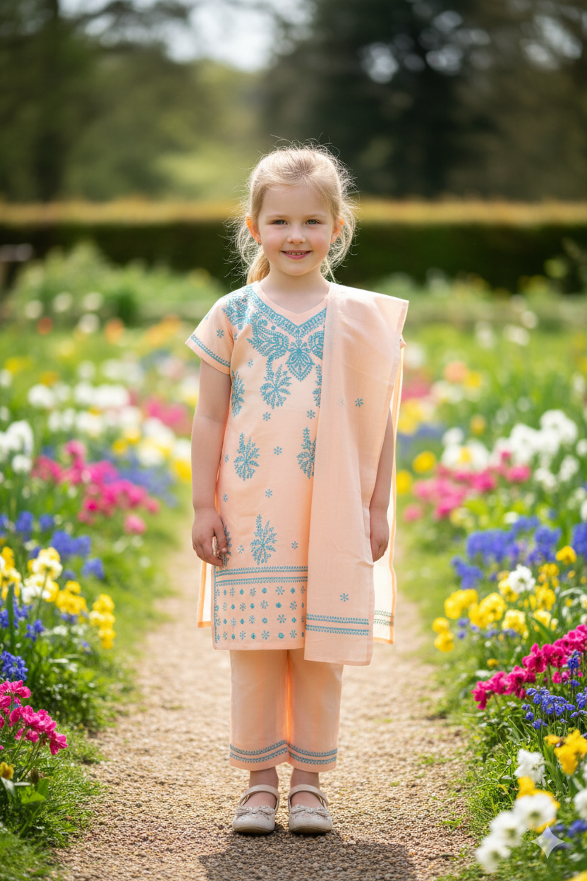 Silakaari Cyna Peach-Green Pure Cotton Lucknowi ChikanKari Kurti Pant With Dupatta Set For Girls