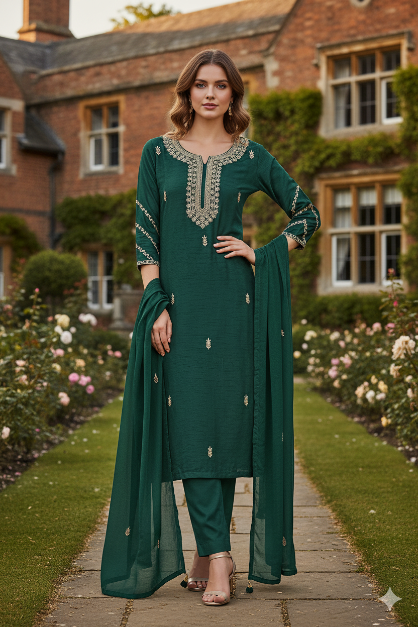Silakaari Pure Hand-work festive Dark Green Kurti Pant Set