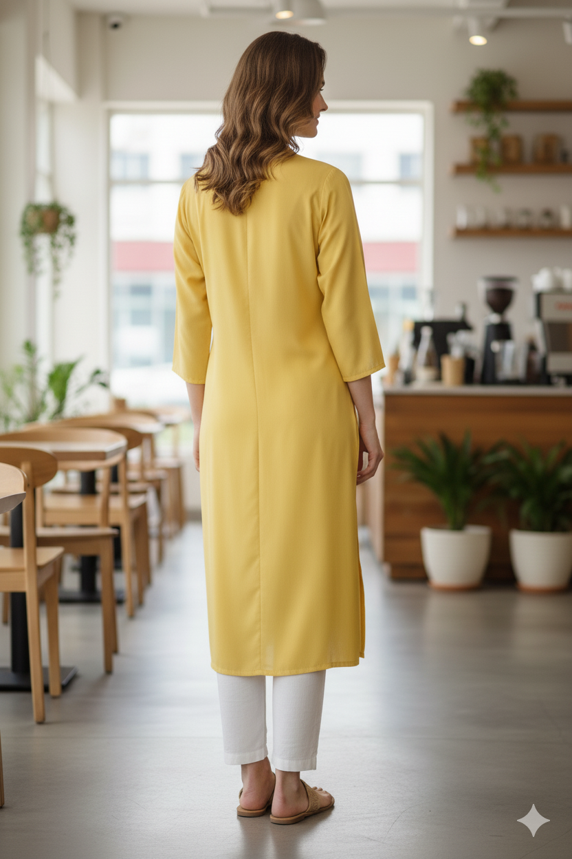 Silakaari Sonia Yellow Rayon Embroidery Long Kurti