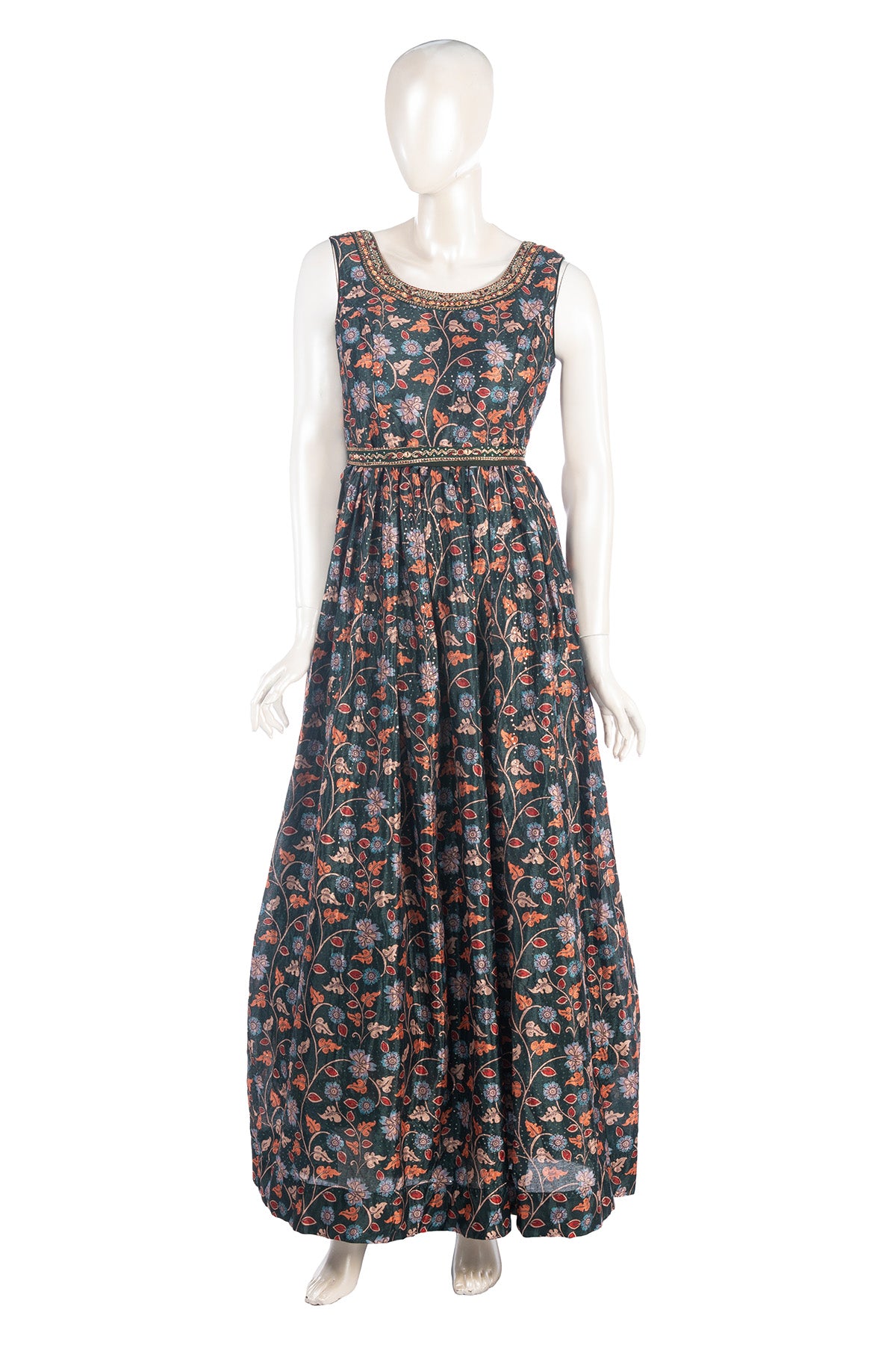 Silakaari Soul Dark Green Floral Printed Ethnic Gown