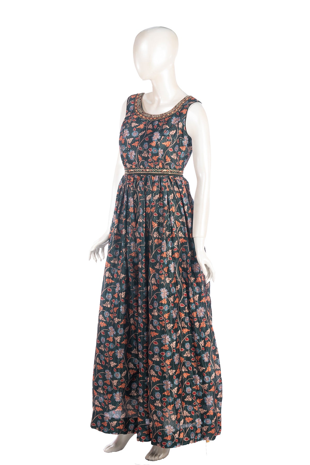 Silakaari Soul Dark Green Floral Printed Ethnic Gown