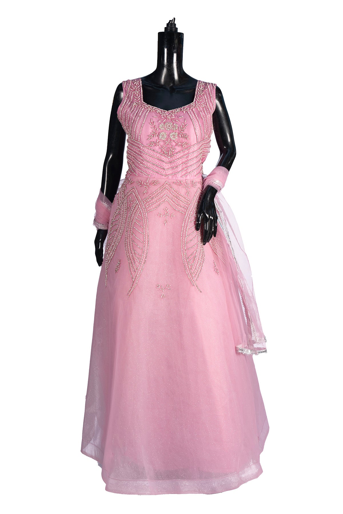 Silakaari Dusty Pink Party Wear Pearl Sequins Diamond Bridal Ball Gown