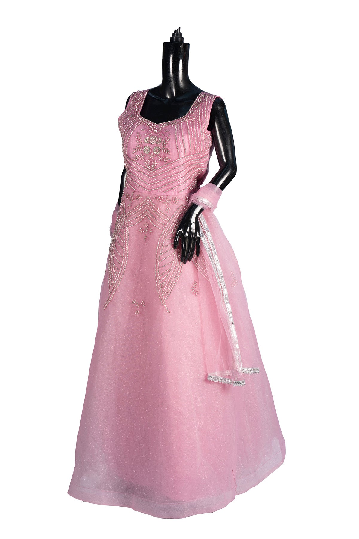 Silakaari Dusty Pink Party Wear Pearl Sequins Diamond Bridal Ball Gown