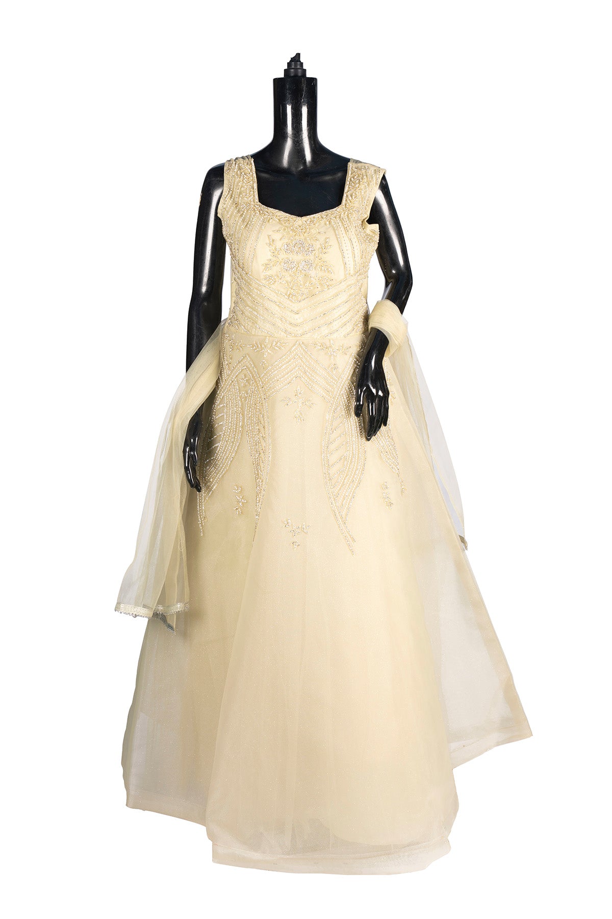 Silakaari Light Green Net Evening Gown with Pearls Sequins Diamond Embroidery