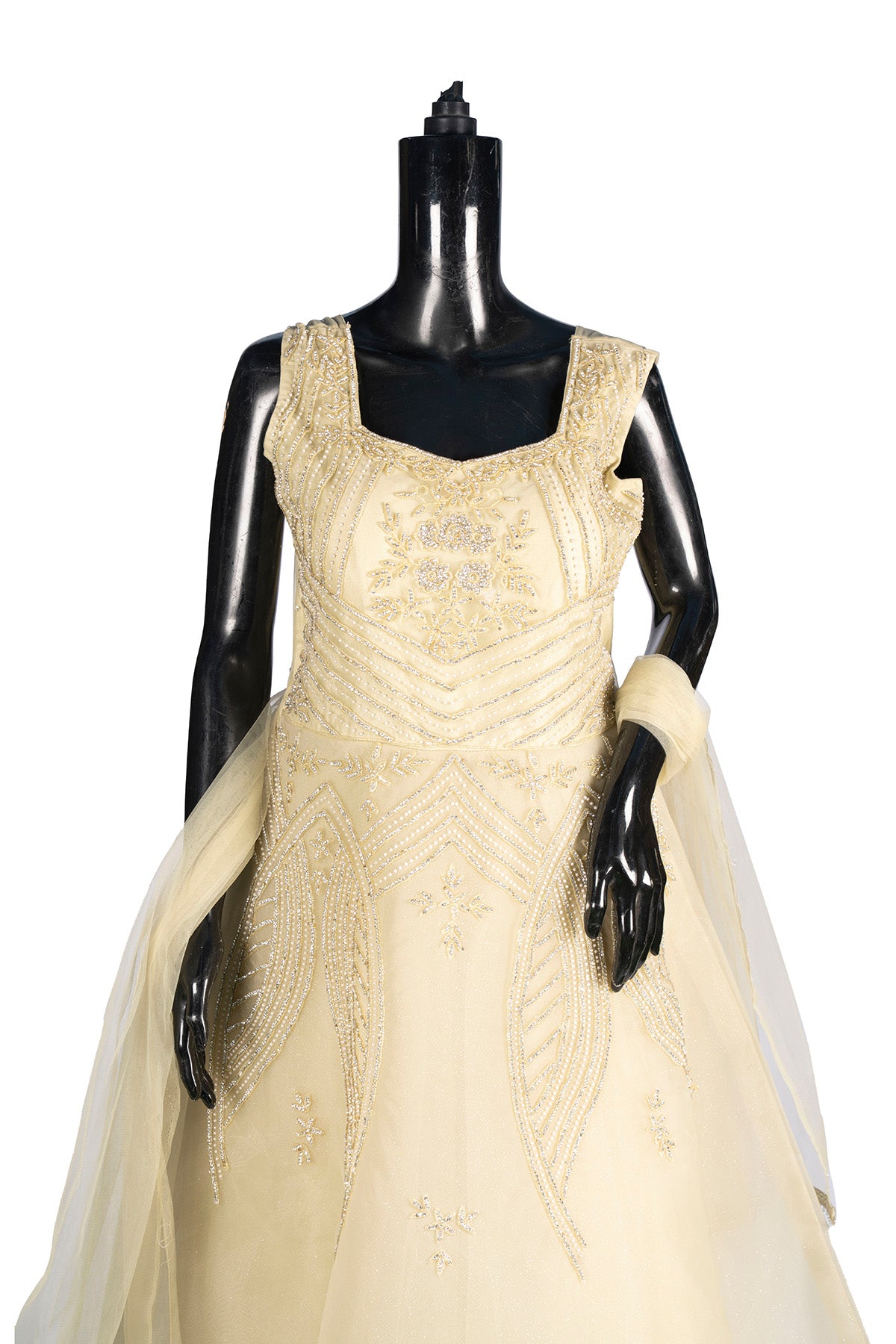 Silakaari Light Green Net Evening Gown with Pearls Sequins Diamond Embroidery