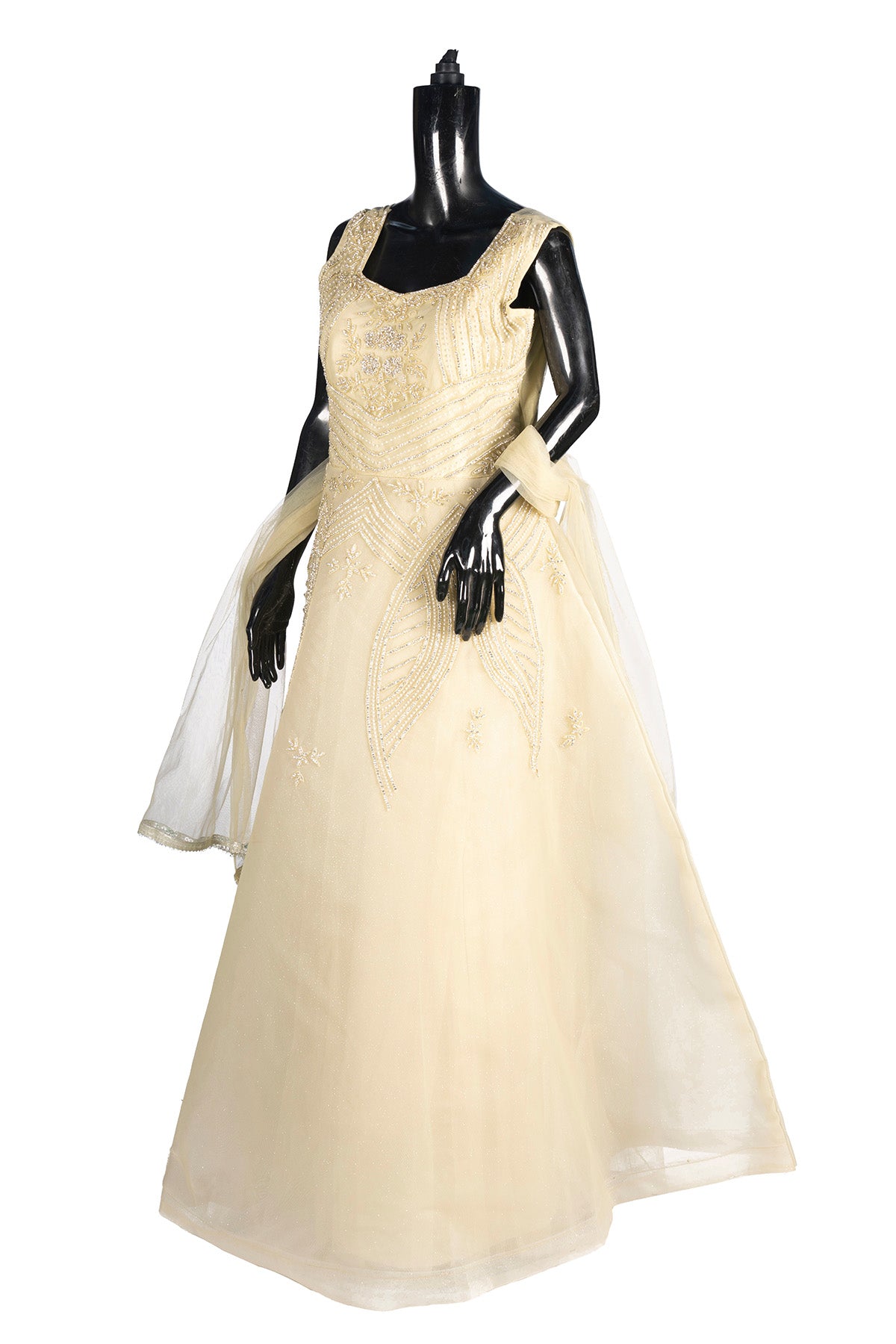 Silakaari Light Green Net Evening Gown with Pearls Sequins Diamond Embroidery