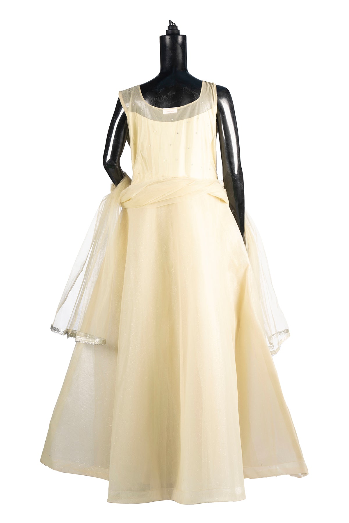 Silakaari Light Green Net Evening Gown with Pearls Sequins Diamond Embroidery