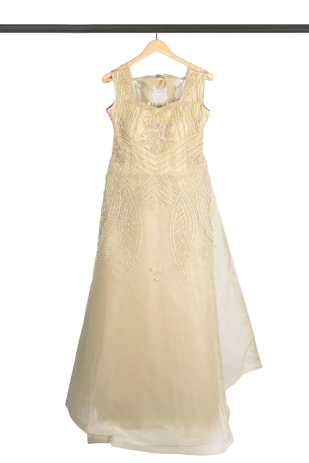 Silakaari Light Green Net Evening Gown with Pearls Sequins Diamond Embroidery