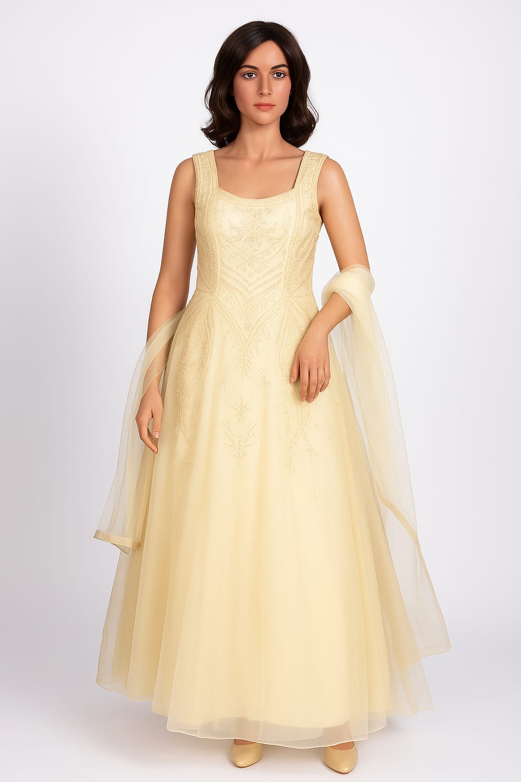 Silakaari Light Green Net Evening Gown with Pearls Sequins Diamond Embroidery