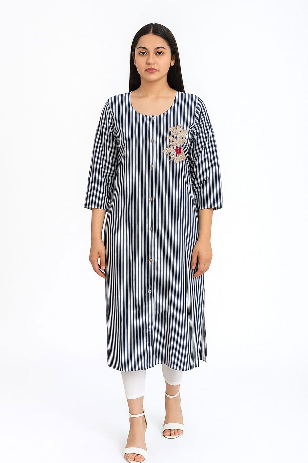 Silakaari Irsa Black-White Lining Rayon Gota Patti Long Kurti