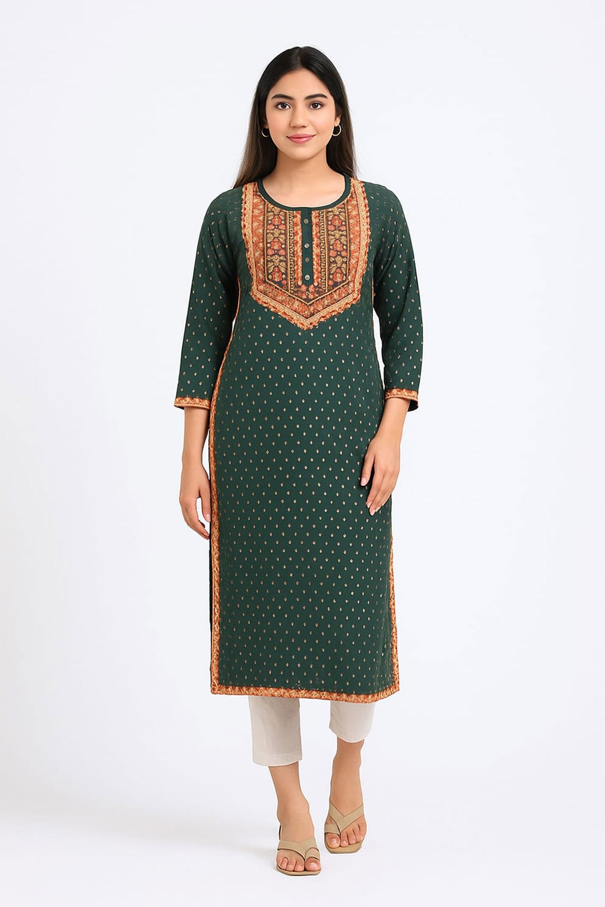 Silakaari Bilquis Dark green Mirror Embroidery Work Long Kurti With Button Detail