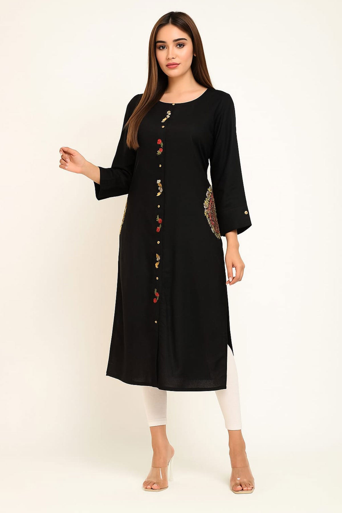 Silakaari Huda Black pocket Zari Embroidered Work Rayon Long Kurti