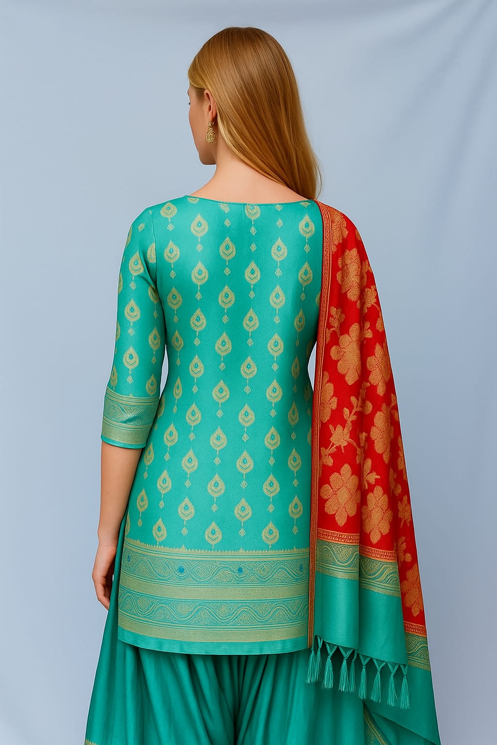 Silakaari Women's Green-Red Heavy Zari Banarasi Work Unstitched Dress Material
