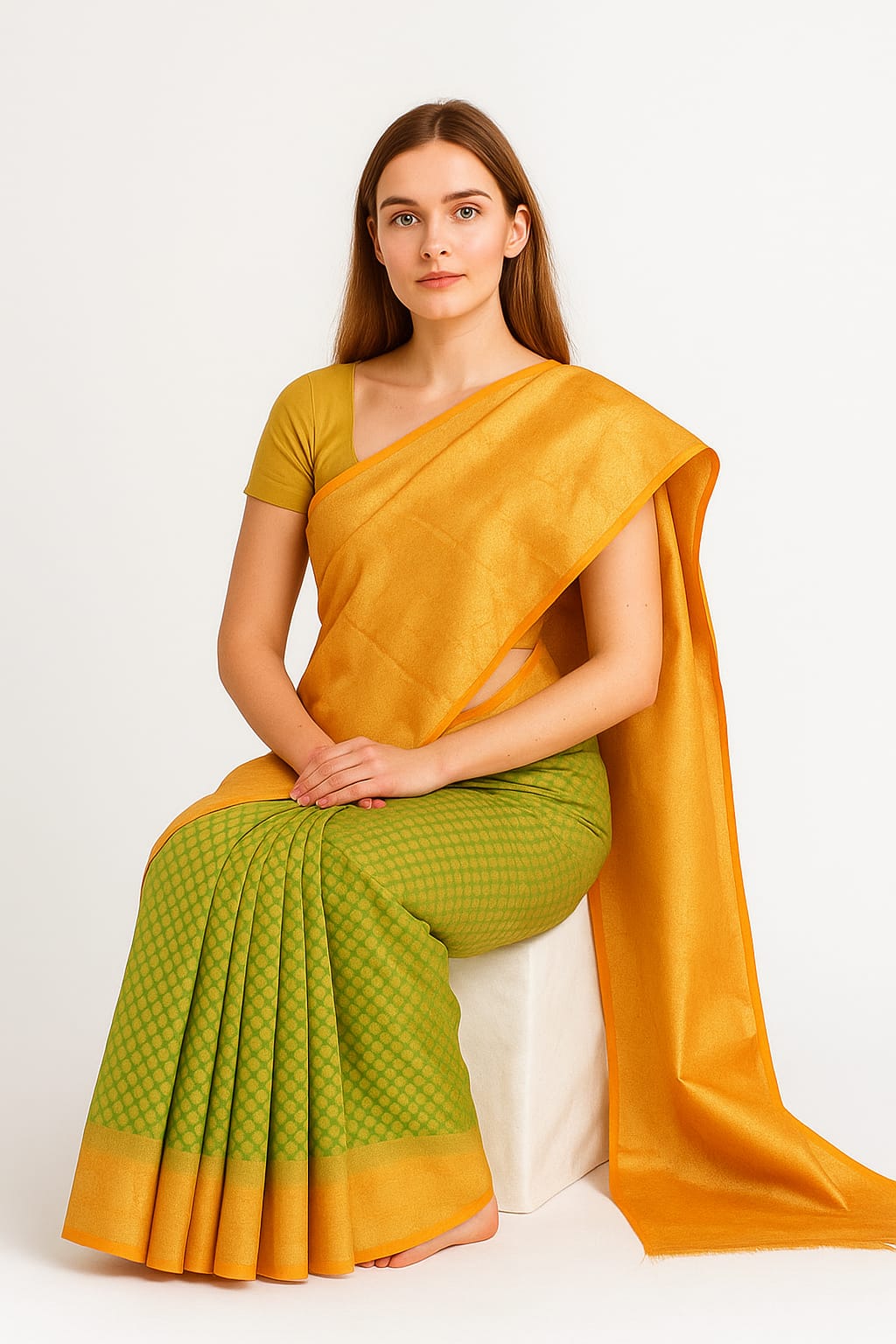 Silakaari Women's Green-Yellow Zari Banarasi saree