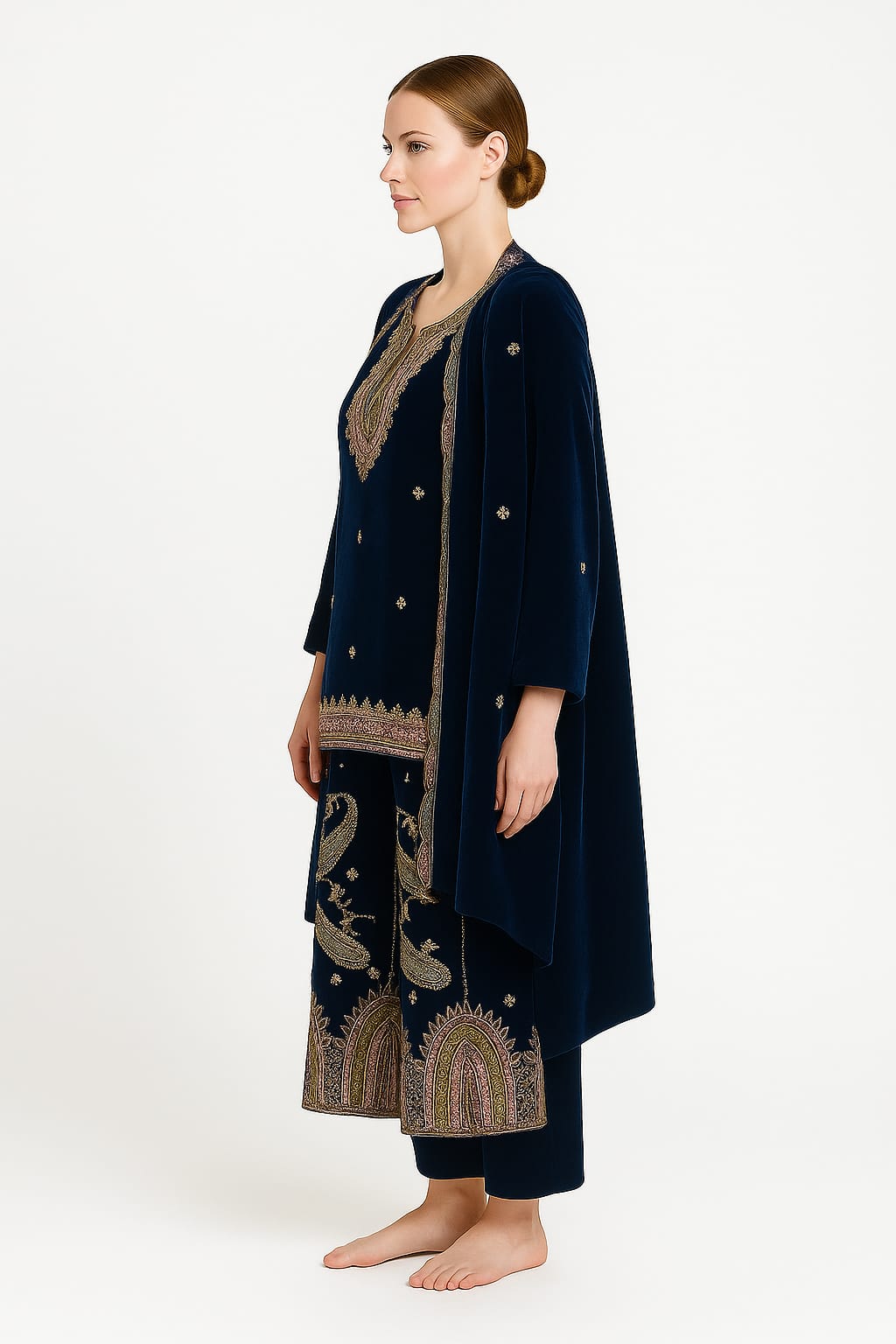 Silakaari Gehraiyaan Dark Blue-Gold Sequin Zari Bridal Pure Velvet Kurti Palazzo Set