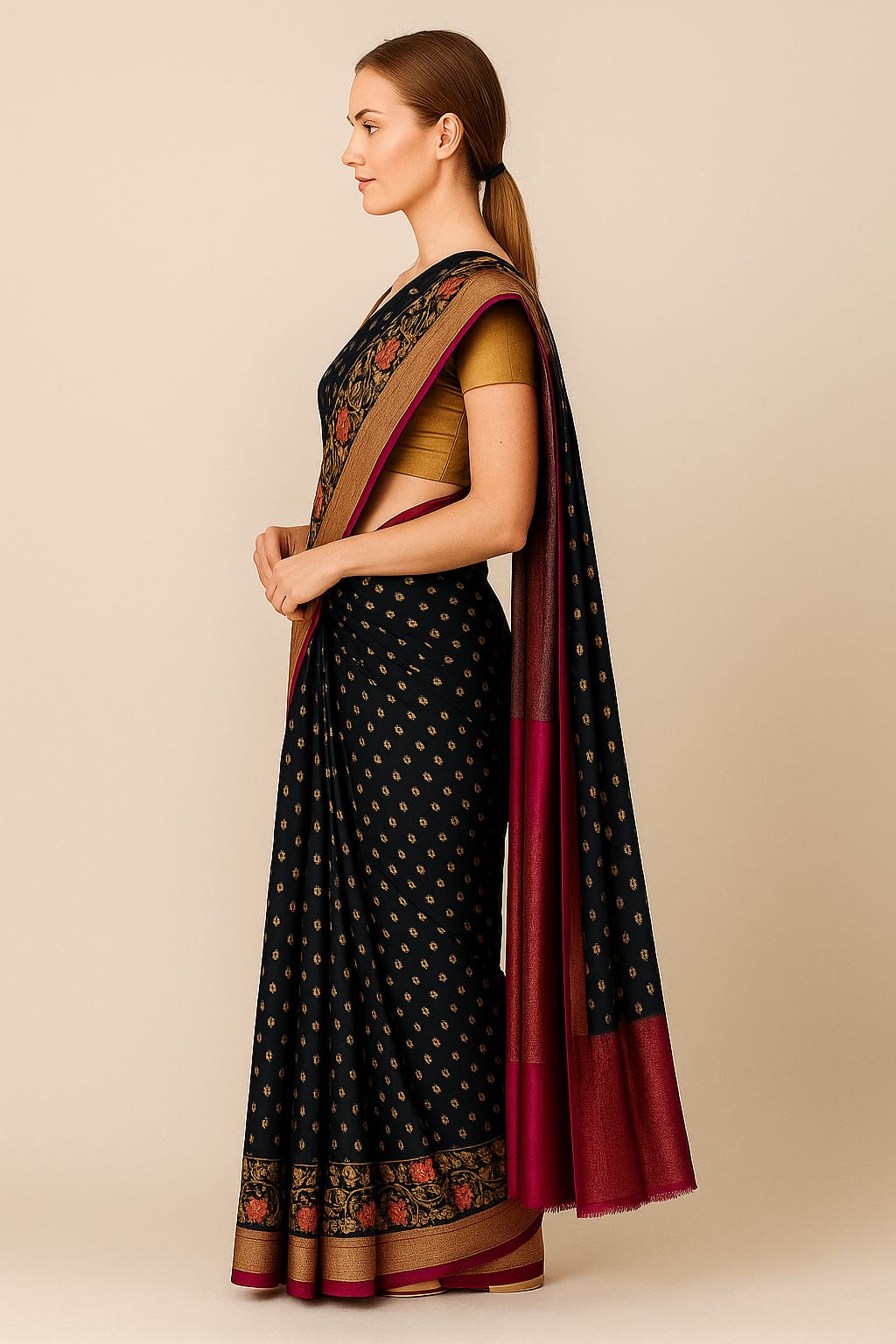 Silakaari Ada Navy Blue-Hot Pink Pure Floral Silk Banarasi Saree