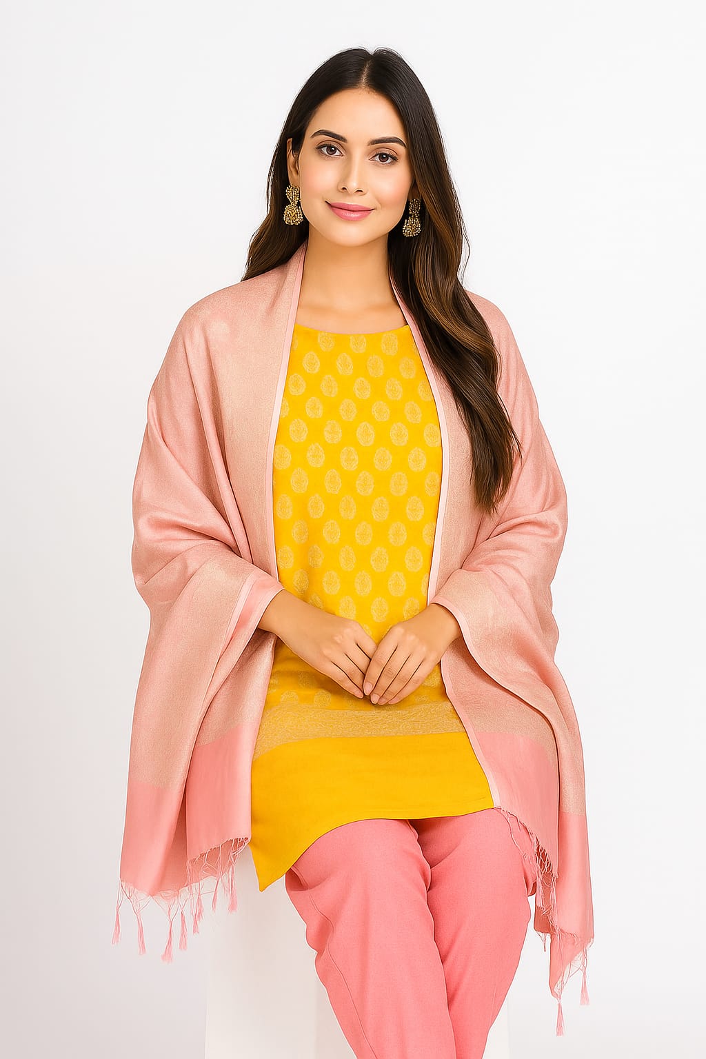 Silakaari Banarasi Zari Brocade Unstitched Suit Set Yellow-Pink With Banarasi Dupatta