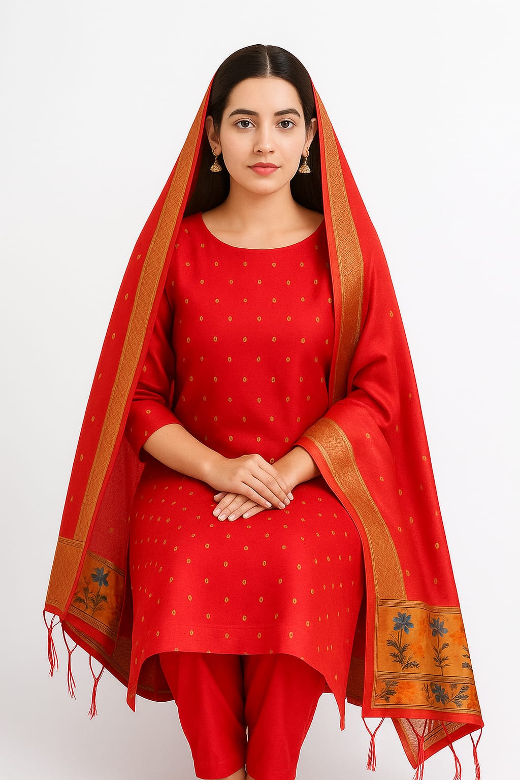 Silakaari Banarasi Silk Woven Zardosi Work & Golden foil Apple Red Unstitched Suit