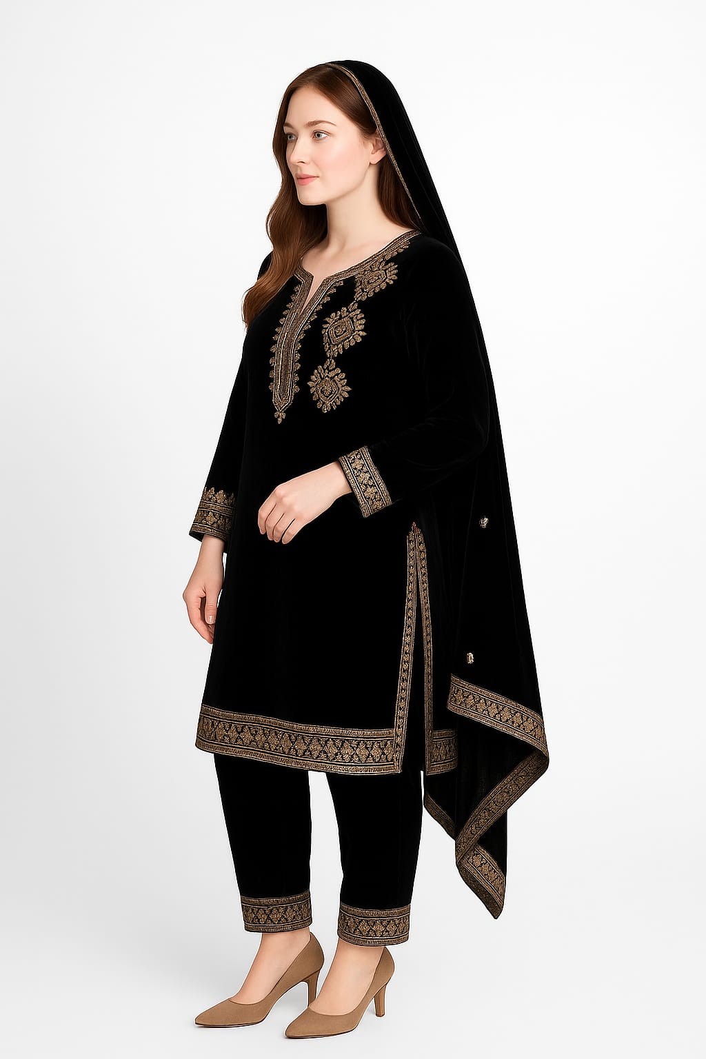 Black Classic Velvet Embroidery Work Heavy Bridal Kurti Pant Set