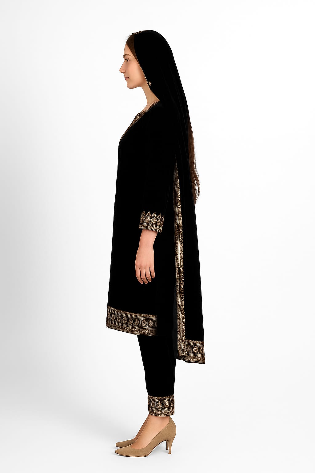 Black Classic Velvet Embroidery Work Heavy Bridal Kurti Pant Set
