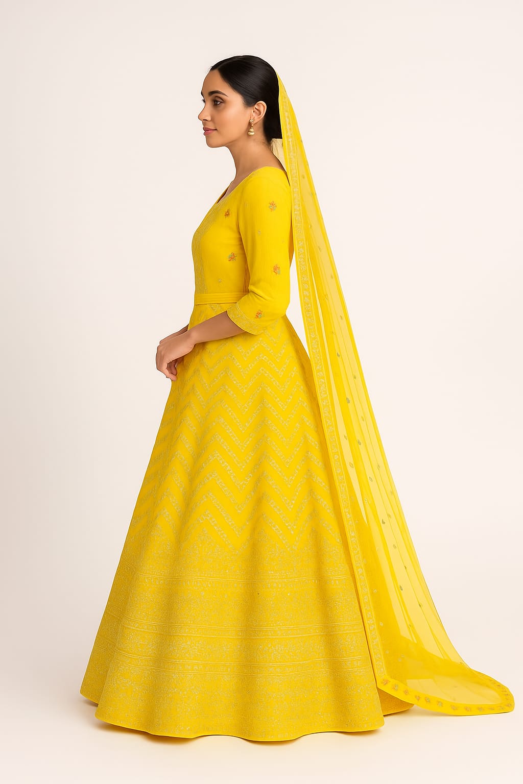 Silakaari Haldi Sun Yellow Zari Dimond Thread Work Net Party Wear Unstitched Lehenga Set