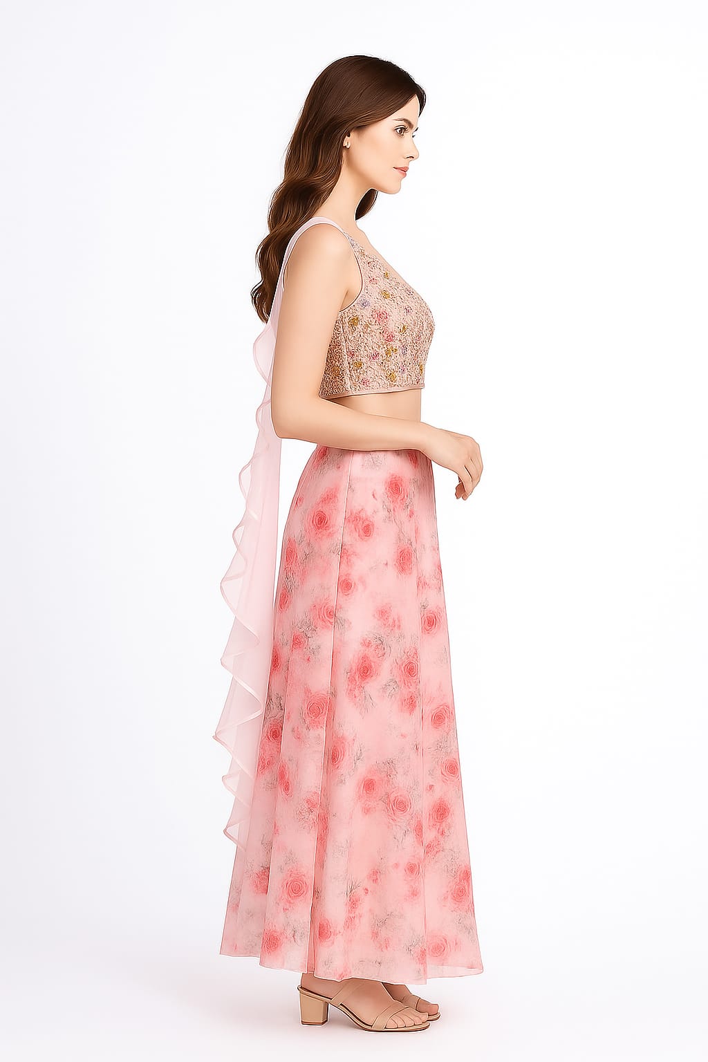 Silakaari Pink Organza Rose Floral Party Wear Lehenga Sharara set