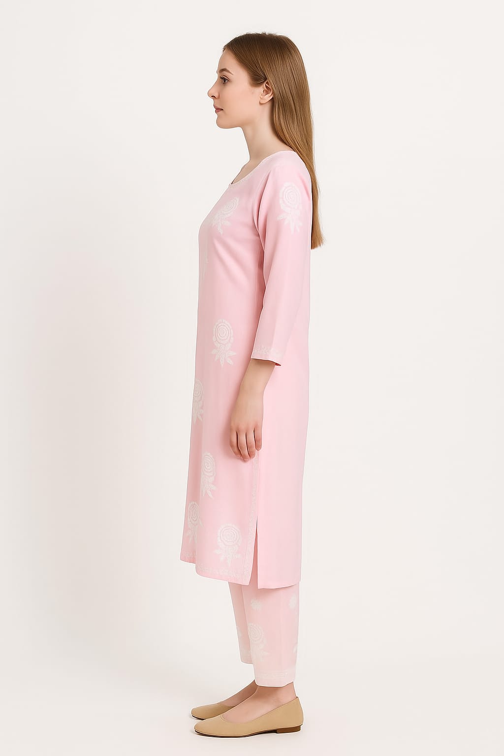 Silakaari Women's Baby Pink Modal Lucknowi Kurti Palazzo Set