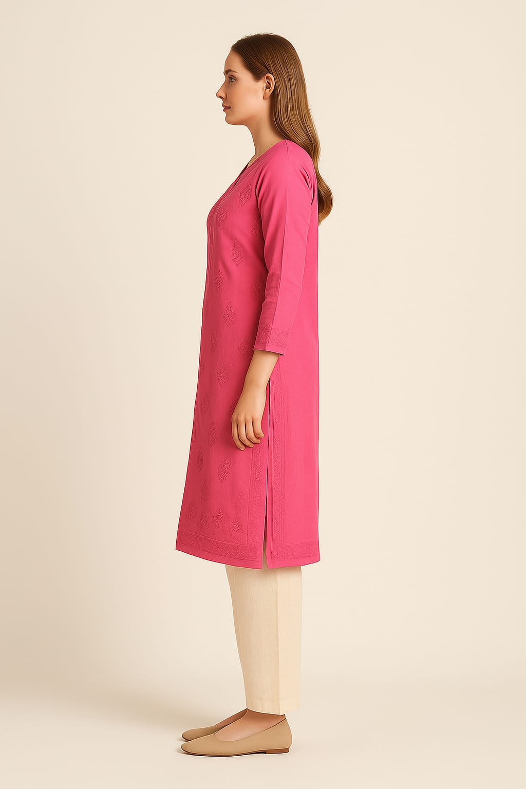 Silakaari Pure Muslin Heavy Self Theard Long Lucknowi Premium Kurti Palazzo Set