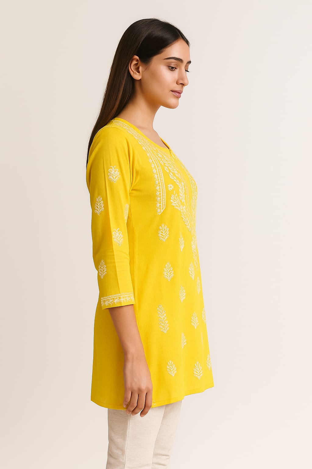Silakaari Pure Viscose Yellow Shaded Heavy Lucknowi Aline Kurti With Pant Set