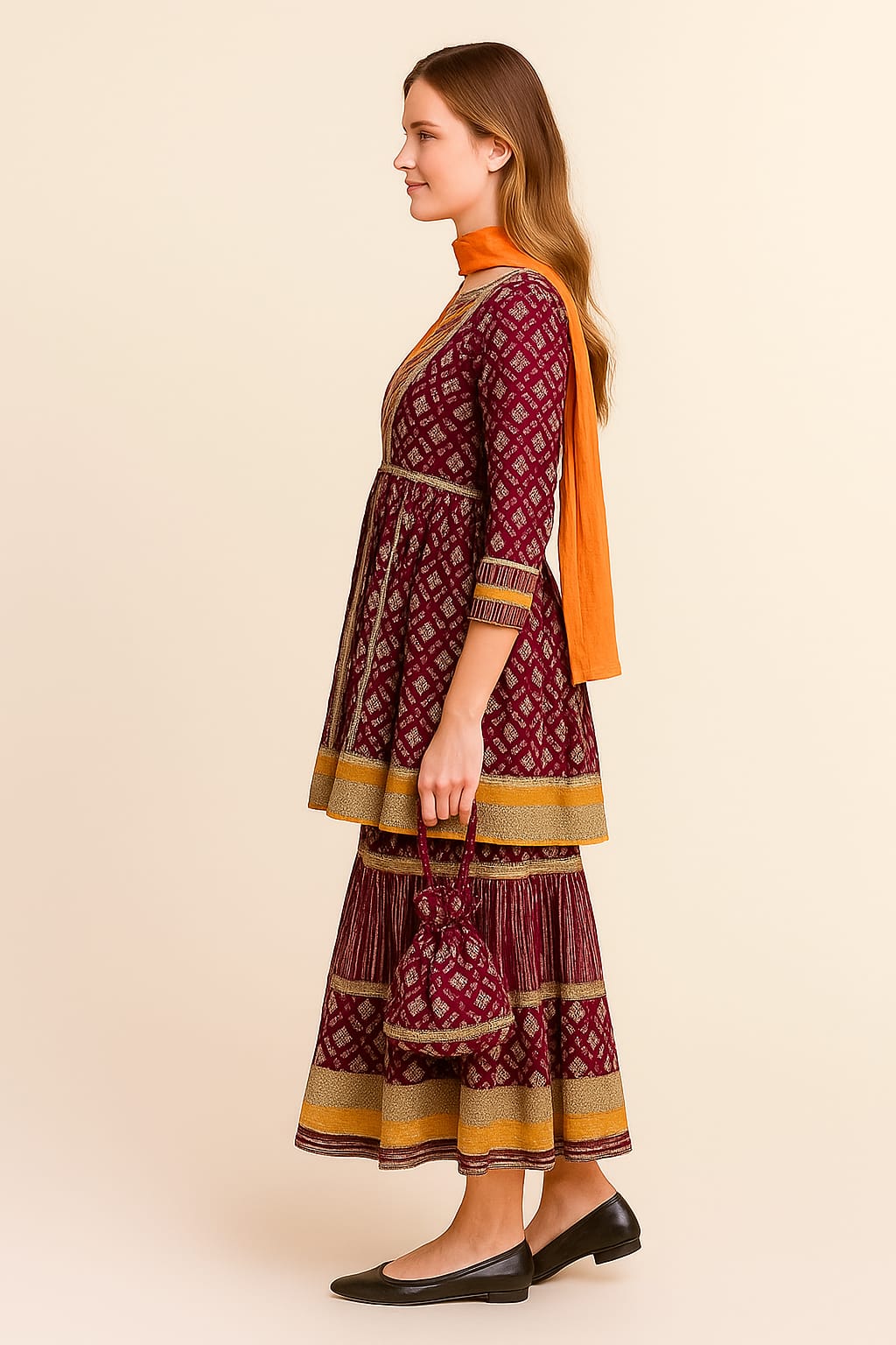 Silakaari Women's Maroon & Yellow Heavy Gotta Patti Full Garara Set With Potli